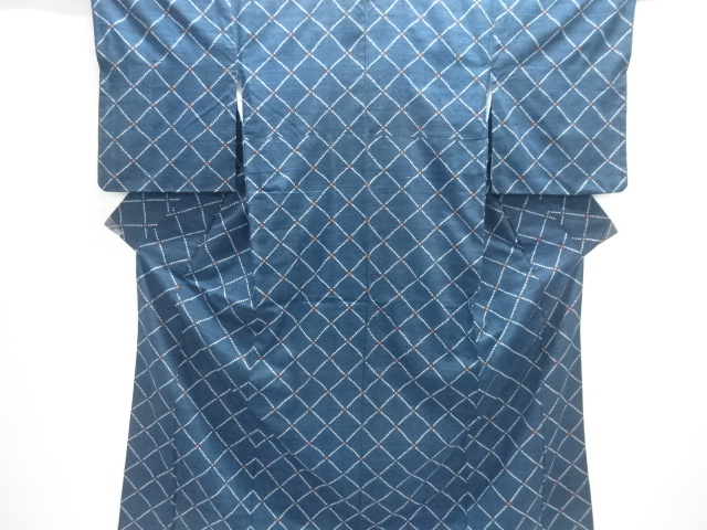 JAPANESE KIMONO / ANTIQUE KIMONO / SILK / TSUMUGI / WOVEN DIAGONAL GRID